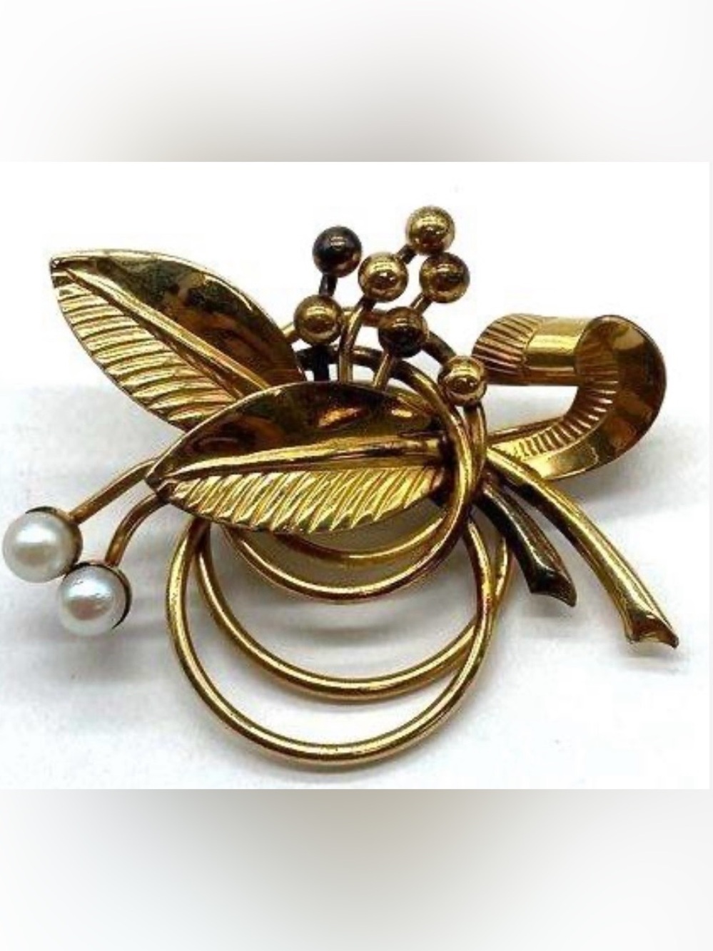 Carl Art Brooch vintage 10K Gold Leaf & Pearl Floral Brooch